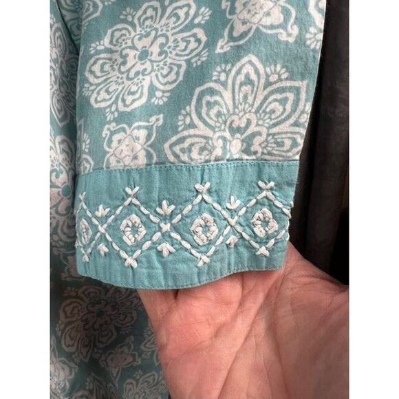 JH COLLECTION 3/4 SLEEVE TURQUOISE/WHITE/ FLORAL V-NECK COTTON TOP!! SZ LARGE - Picture 3 of 9